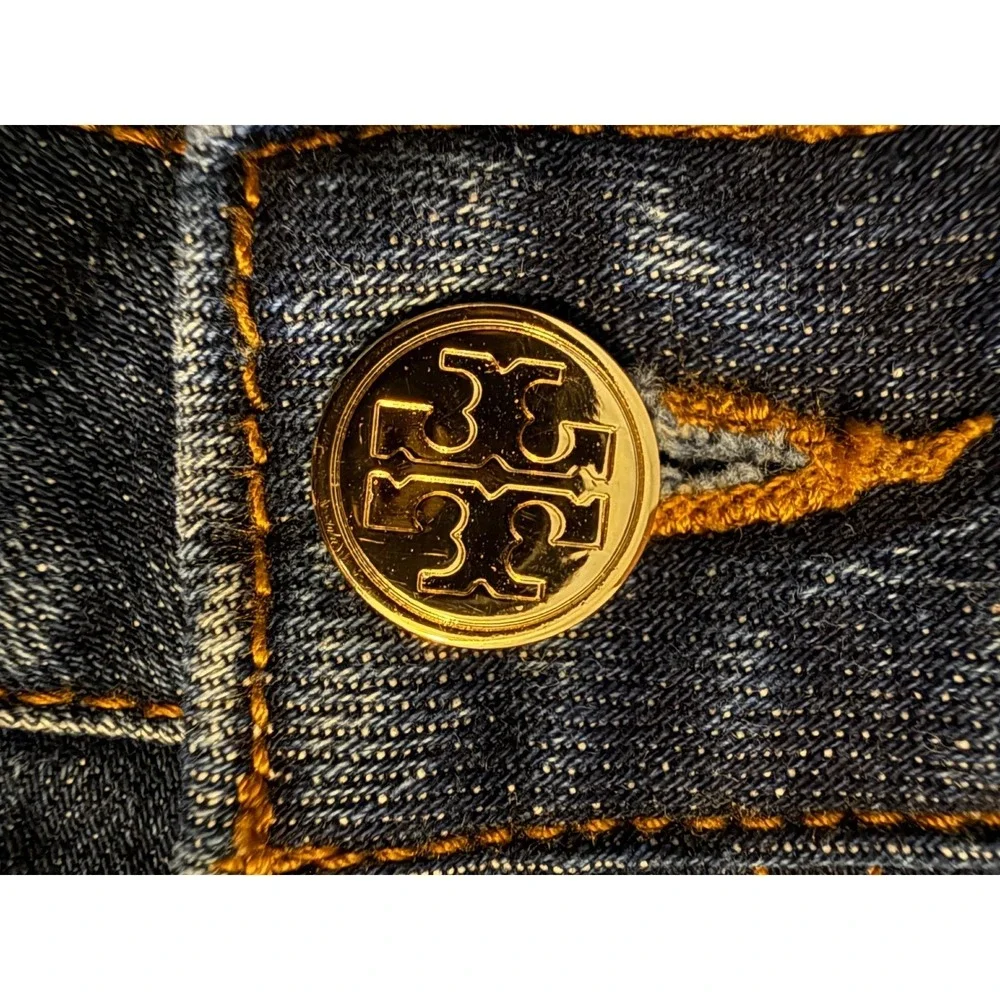 Tory Burch Super Skinny Jeans Womens 32 Blue Denim Stretch Gold Logo Medallion